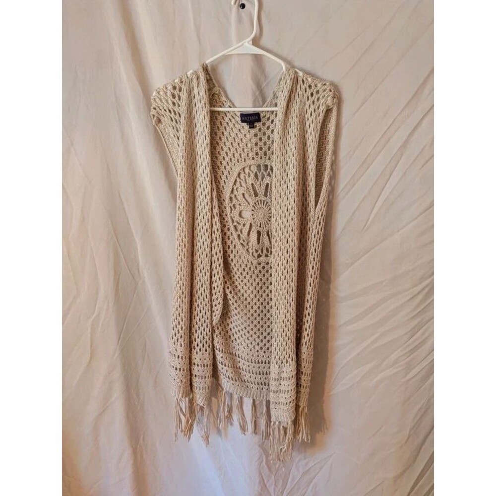 Artesia Tan Boho Crochet Open Knit Longline Vest with Fringe - Size S